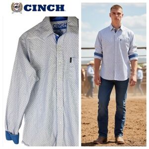 Cinch Mens Medium Shirt Button Down Flip Cuff Blue Western Modern Fit Cowboy